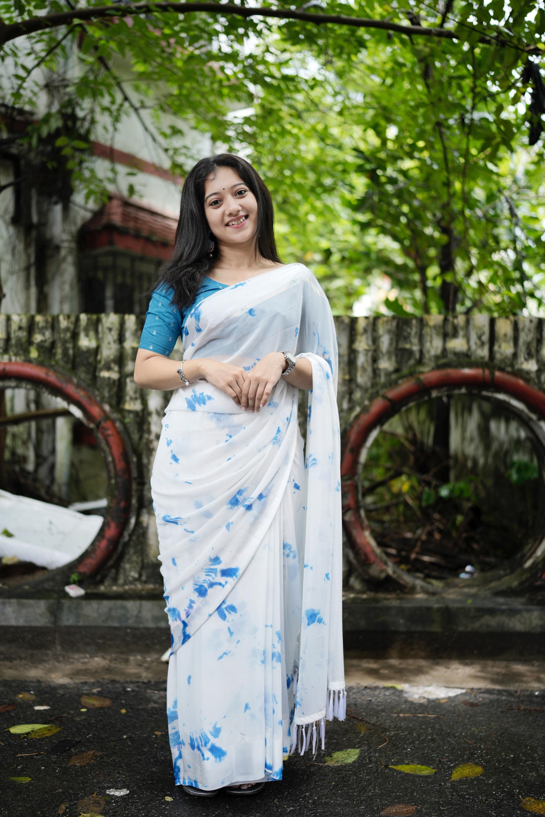 Blue Poly Georgette Tie And Dye Saree with Unstitched Blouse - A2M - Distacart