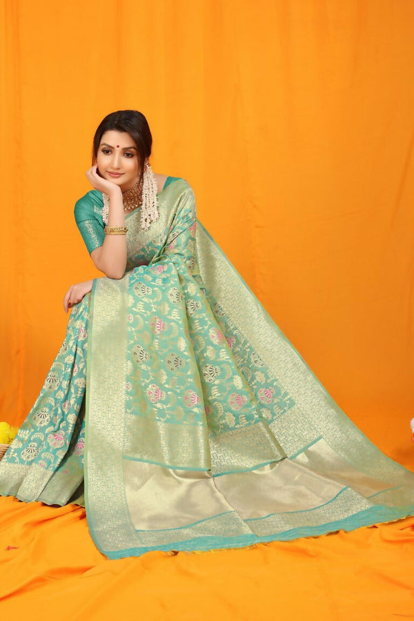Jyoti Fashion Women's Sea Green Kanjivaram Silk Zari Woven Saree with Blouse - Distacart