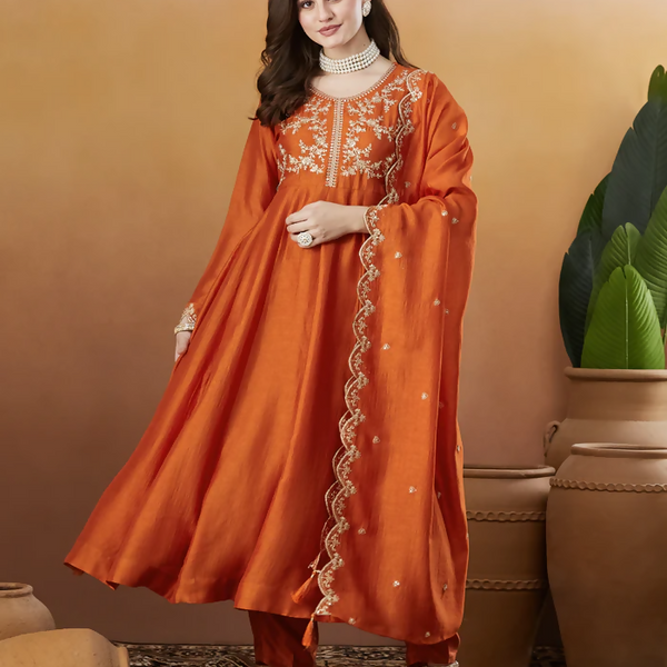The52 Orange Women's Beautiful Vichitra Silk Fabric Embroidered Work Flared Anarkali Pant and Dupatta Set - Distacart