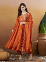 Thumbnail for The52 Orange Women's Beautiful Vichitra Silk Fabric Embroidered Work Flared Anarkali Pant and Dupatta Set - Distacart