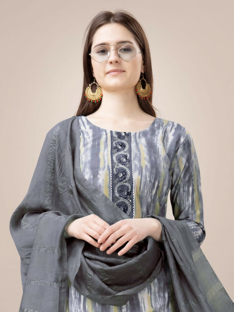 Jyoti Fashion Women's Grey Rayon Print with Embroidery & Fancy Lace Work Kurta with Trouser & Dupatta - Distacart