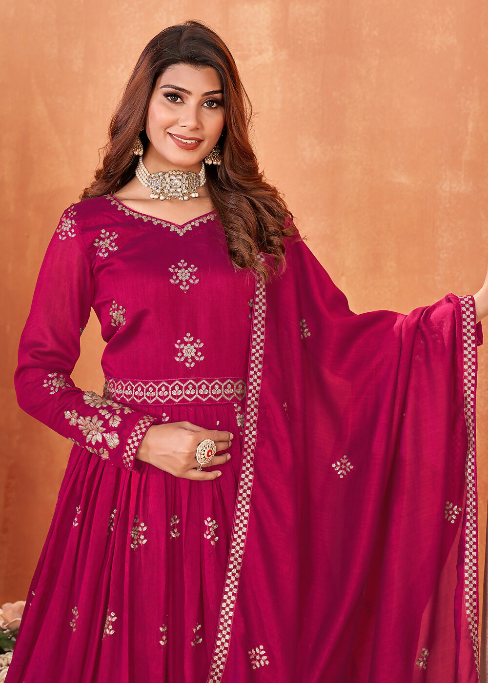 Hot Pink Festive Embroidered Art Silk Anarkali Suit - Emponline - Distacart
