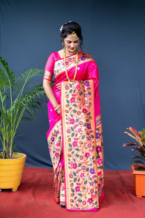 Jyoti Fashion Women's Pink Paithani Silk Zari Woven Saree with Blouse - Distacart