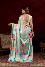 Thumbnail for Vastranavya Pista Satin Silk Floral Printed with Pearl Lace Saree with Unstitched Blouse - Distacart
