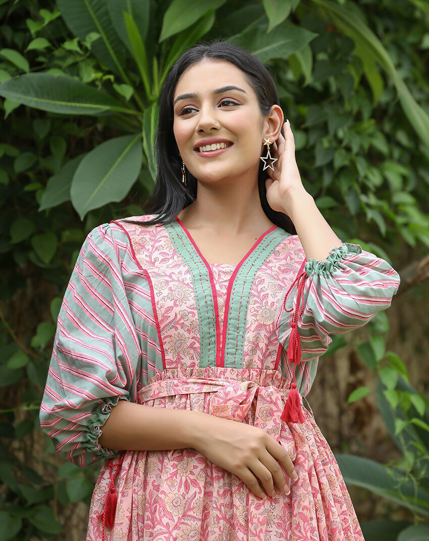 Kaajh Women's Pink Hand Block Printed Dress - Distacart