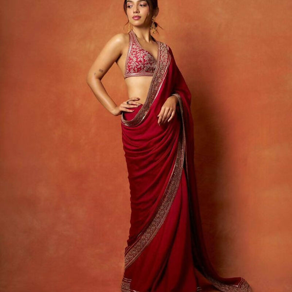Joban Fashion Red Fandy Satin Silk Party Wear Sarees - Distacart