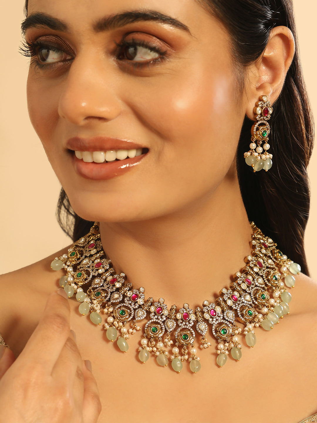 Nuyug 18K Gold Plated Divine Gold Tone Beaded Necklace Set