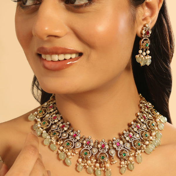 Nuyug 18K Gold Plated Divine Gold Tone Beaded Necklace Set