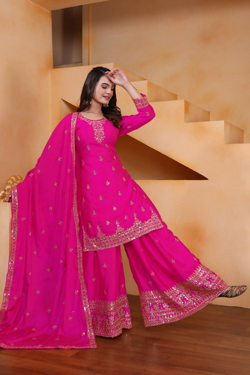 Teeya Creation Pink Color Chinon Silk Wedding Wear Trending Palazzo Set - Distacart