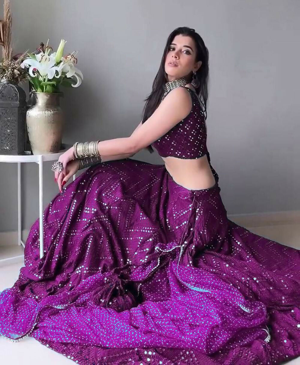 Jyoti Fashion Wine Thread Embroidery Faux Georgette Designer Lehenga Choli with Dupatta - Distacart