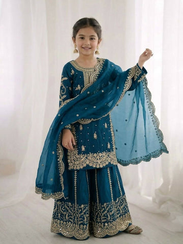 Teeya Creation New Trendy Fully Stitched Ready to Wear Kids Kurta Palazzo Set-Turquoise - Dista
