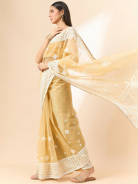 Thumbnail for Beige Organza Geometric Embroidered Saree with Unstitched Blouse Piece - Roozal - Distacart
