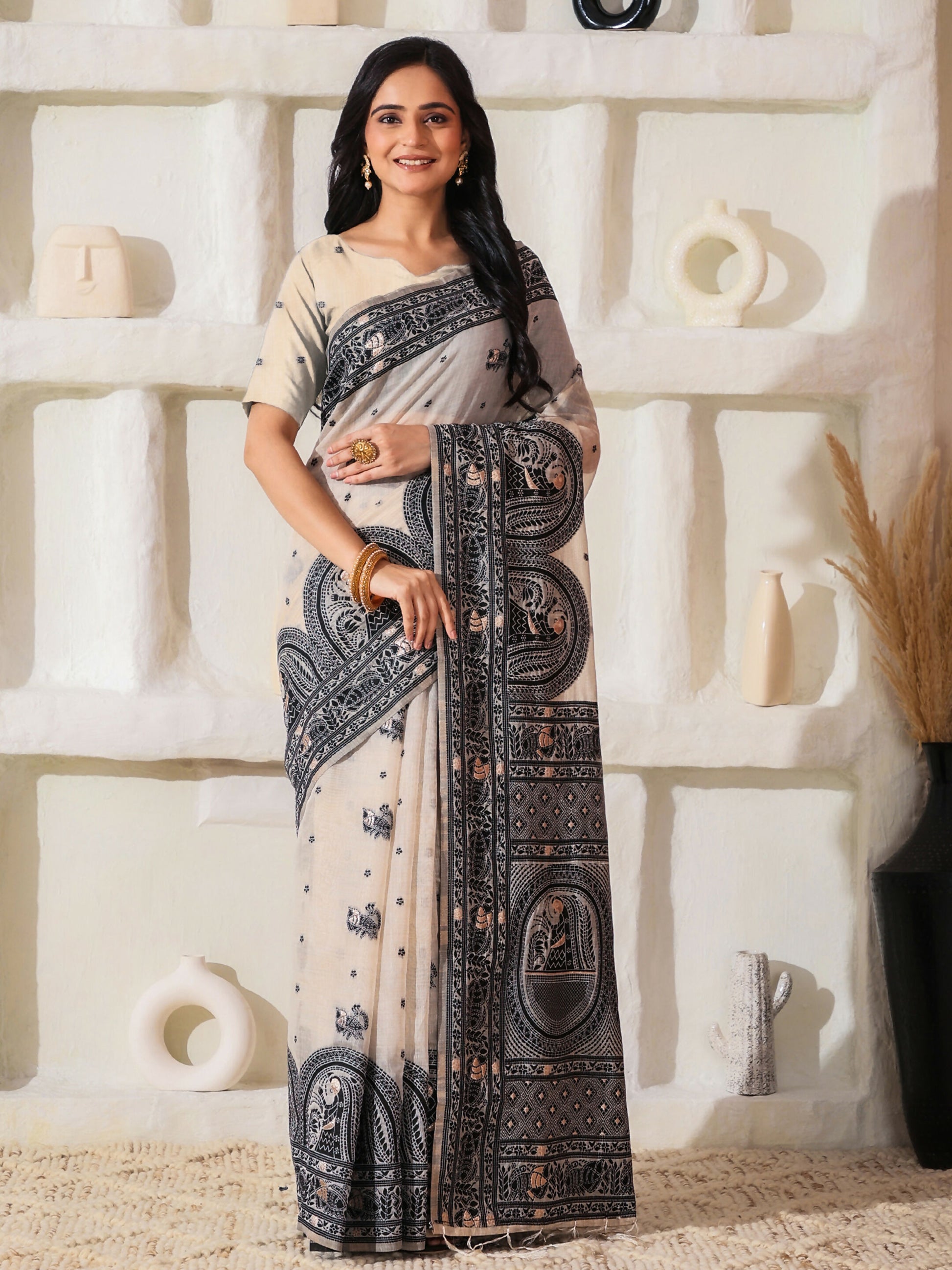 Shree Shyam Fashion Linen Cotton Black & Cream Saree - Distacart