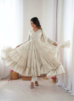 Thumbnail for Teeya Creation White Color Mal Chanderi Silk Hand Embroidery Work Long Gown - Distacart