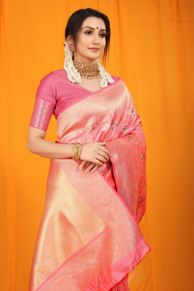 Jyoti Fashion Women's Pink Kanjivaram Silk Zari Woven Saree with Blouse - Distacart