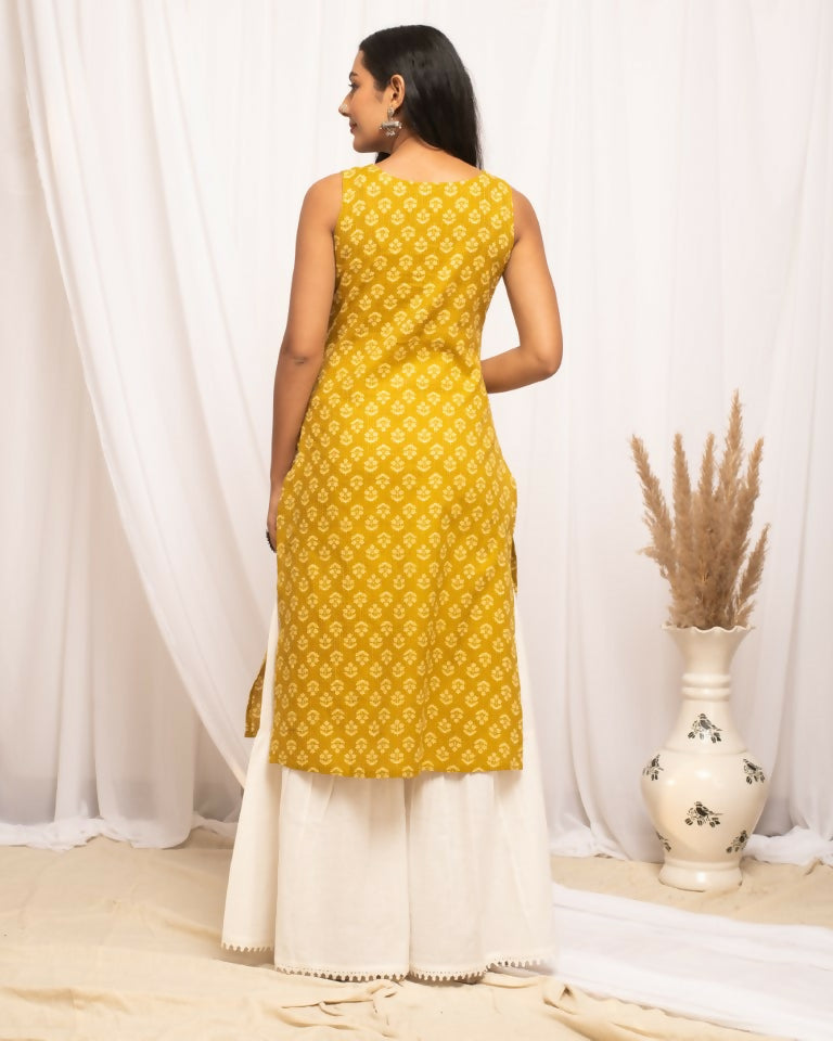 FIORRA Women's Floral Printed Yellow Cotton Straight Kurta - Distacart