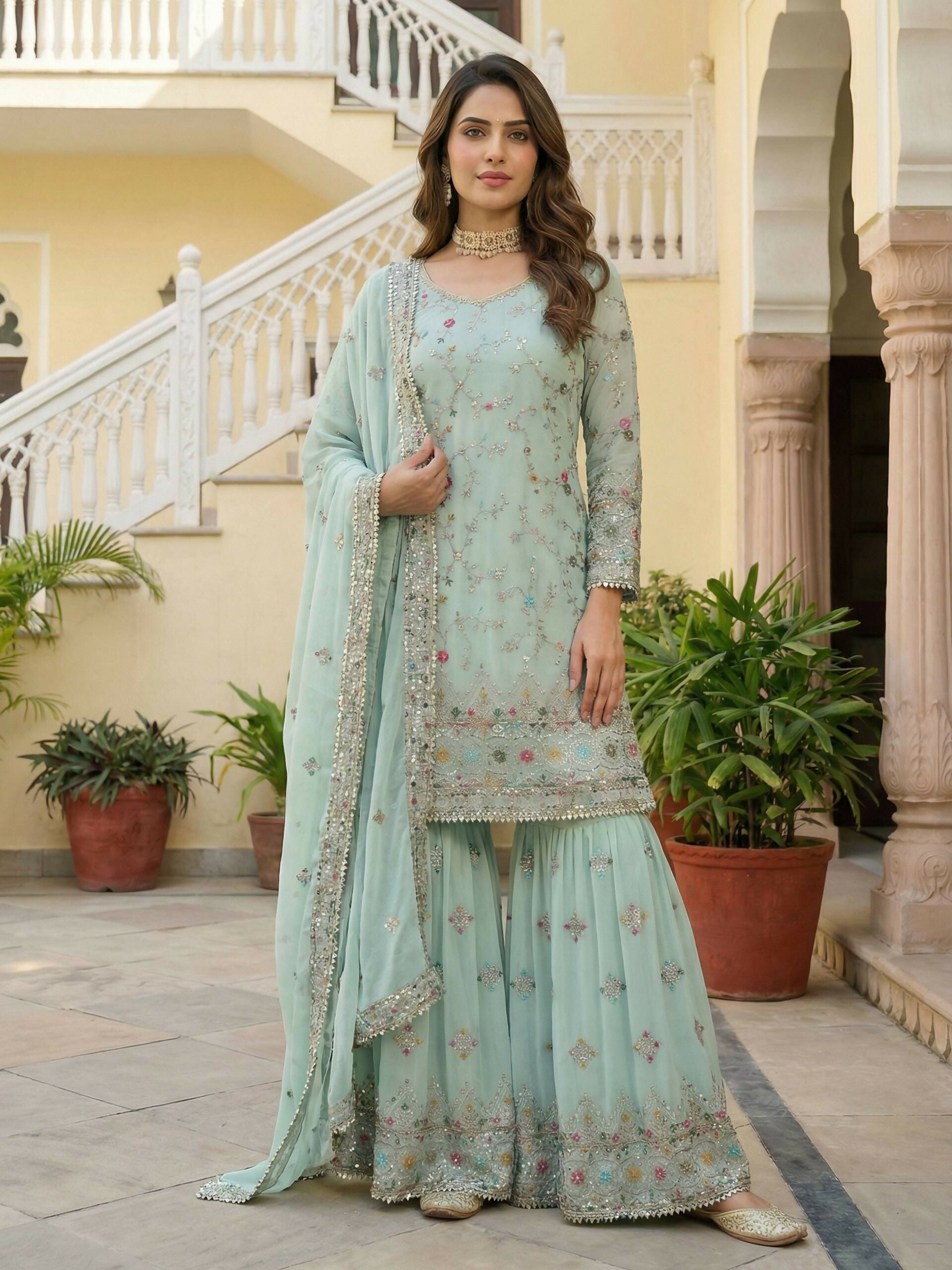 Teeya Creation Sky Faux Georgette Multi Thread Work Wedding Wear Sharara Set - Distacart