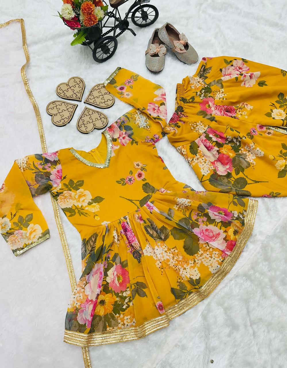 Divine Drape Girl's Faux Georgette Digital Print Flared Top Dhoti With Dupatta - Yellow