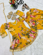 Thumbnail for Divine Drape Girl's Faux Georgette Digital Print Flared Top Dhoti With Dupatta - Yellow