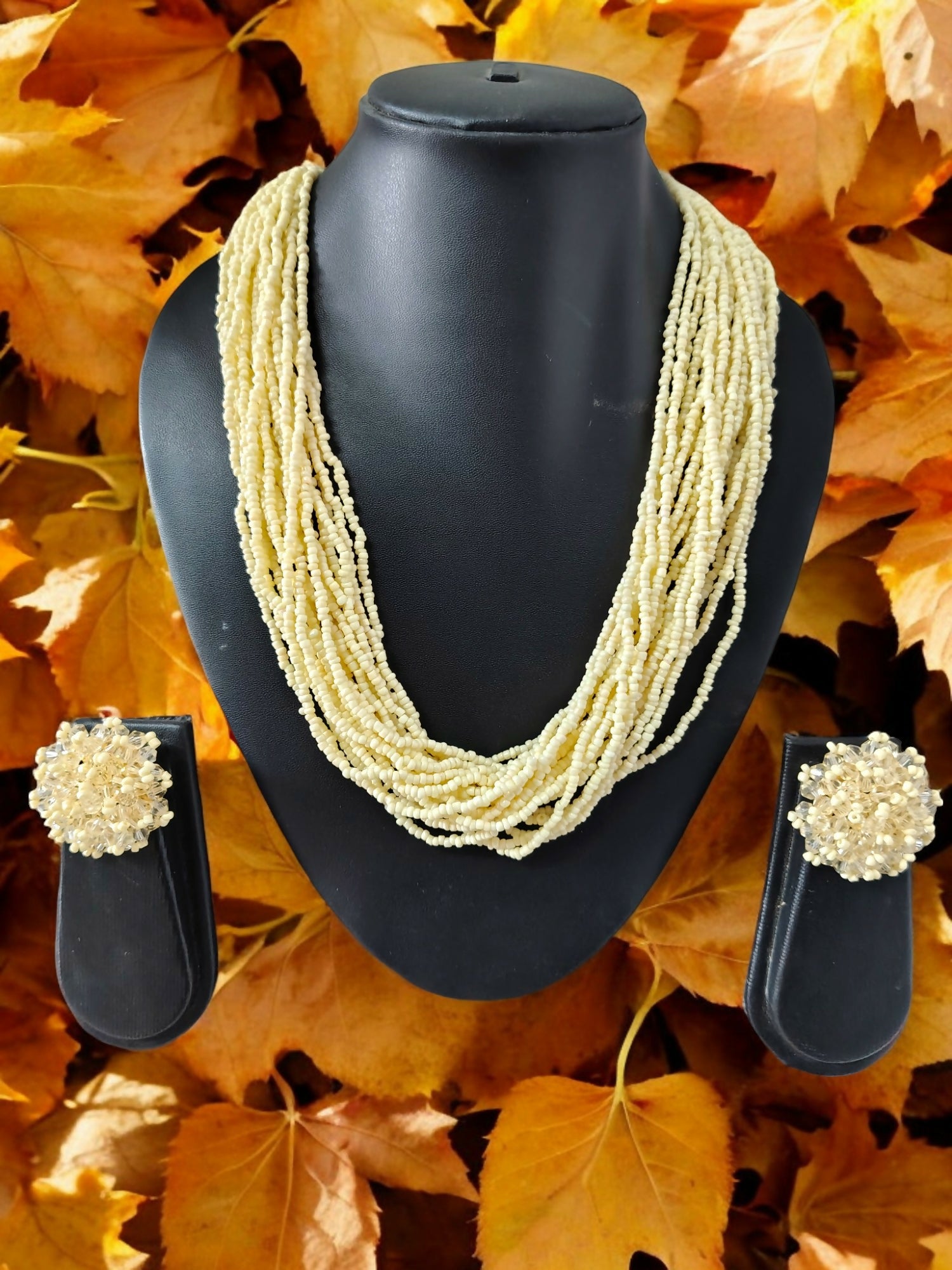 Inhanns Vibrant Handmade 20 Layers Beaded Necklace With Matching Earrings - Cream - Distacart