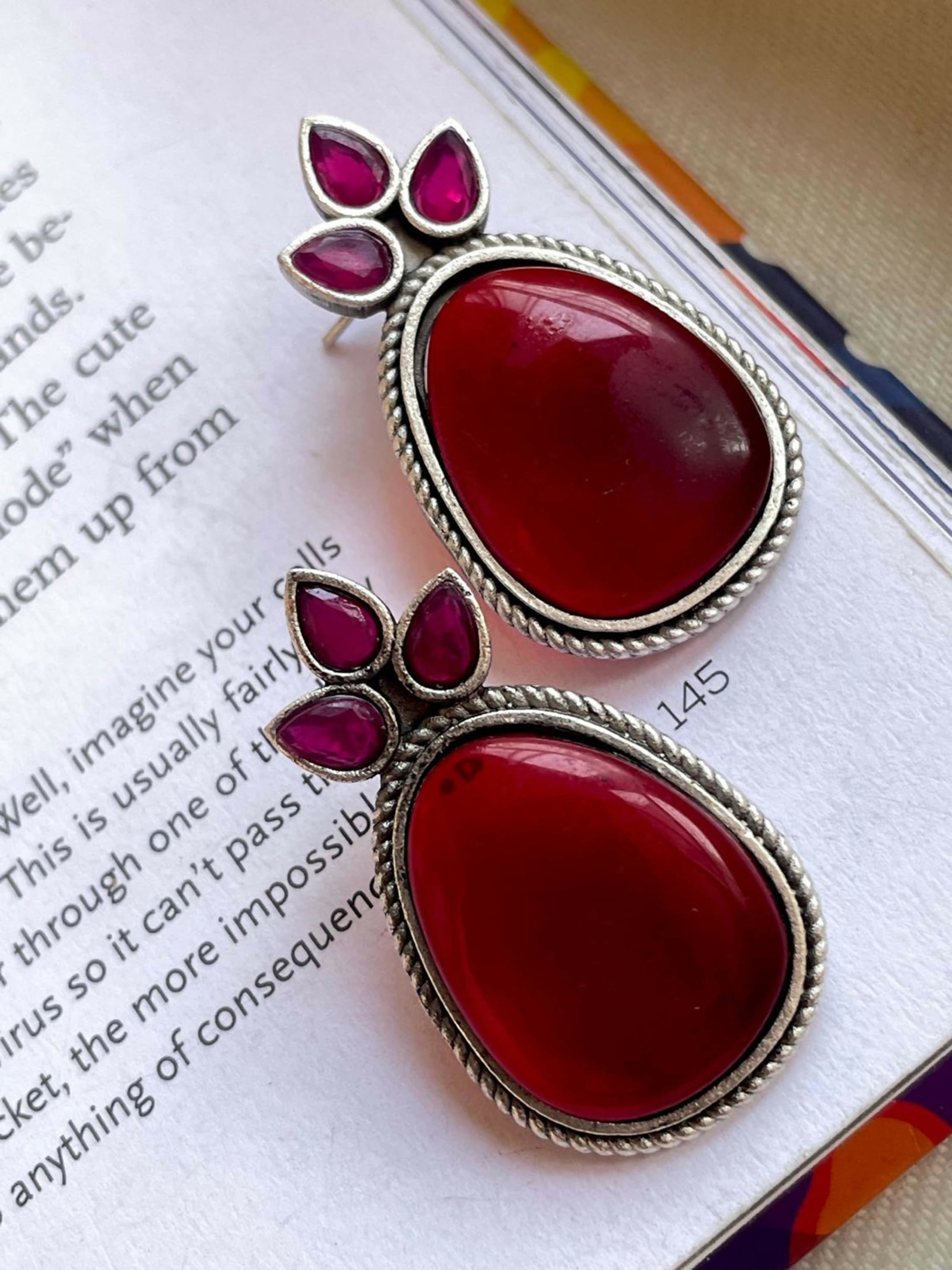 Joban Fashion Women Red Big Monalisa Stone Stud Earring