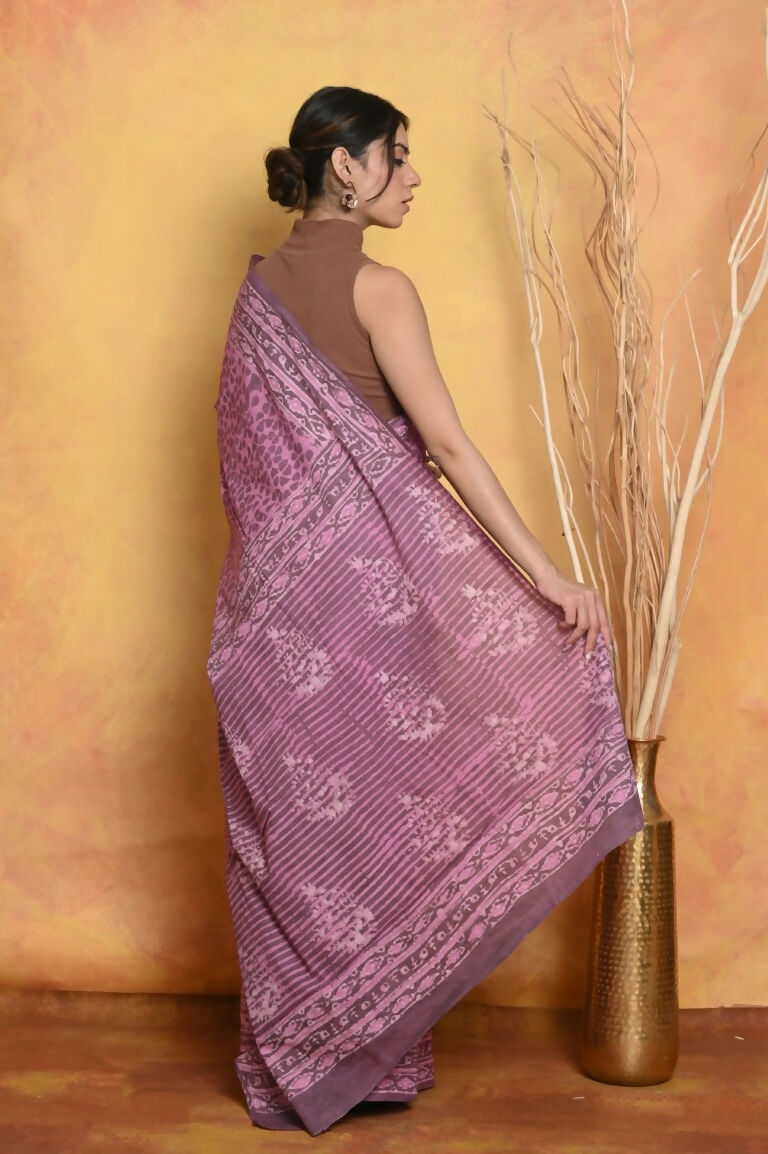 Very Much Indian Handblock Printed Cotton Saree With Natural Dyes - Pink - Distacart