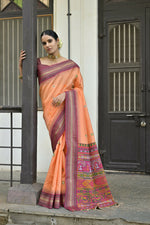 Thumbnail for Vishnu Weaves Women's Orange Handloom Raw Silk Saree with Blouse - Distacart