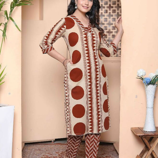 Miravan Womens Brown Pure Cotton Kurta With Palazzo Set