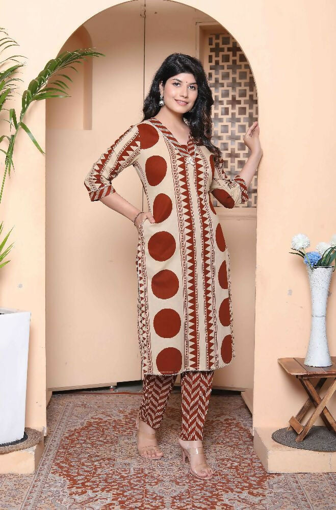 Miravan Womens Brown Pure Cotton Kurta With Palazzo Set - Dista
