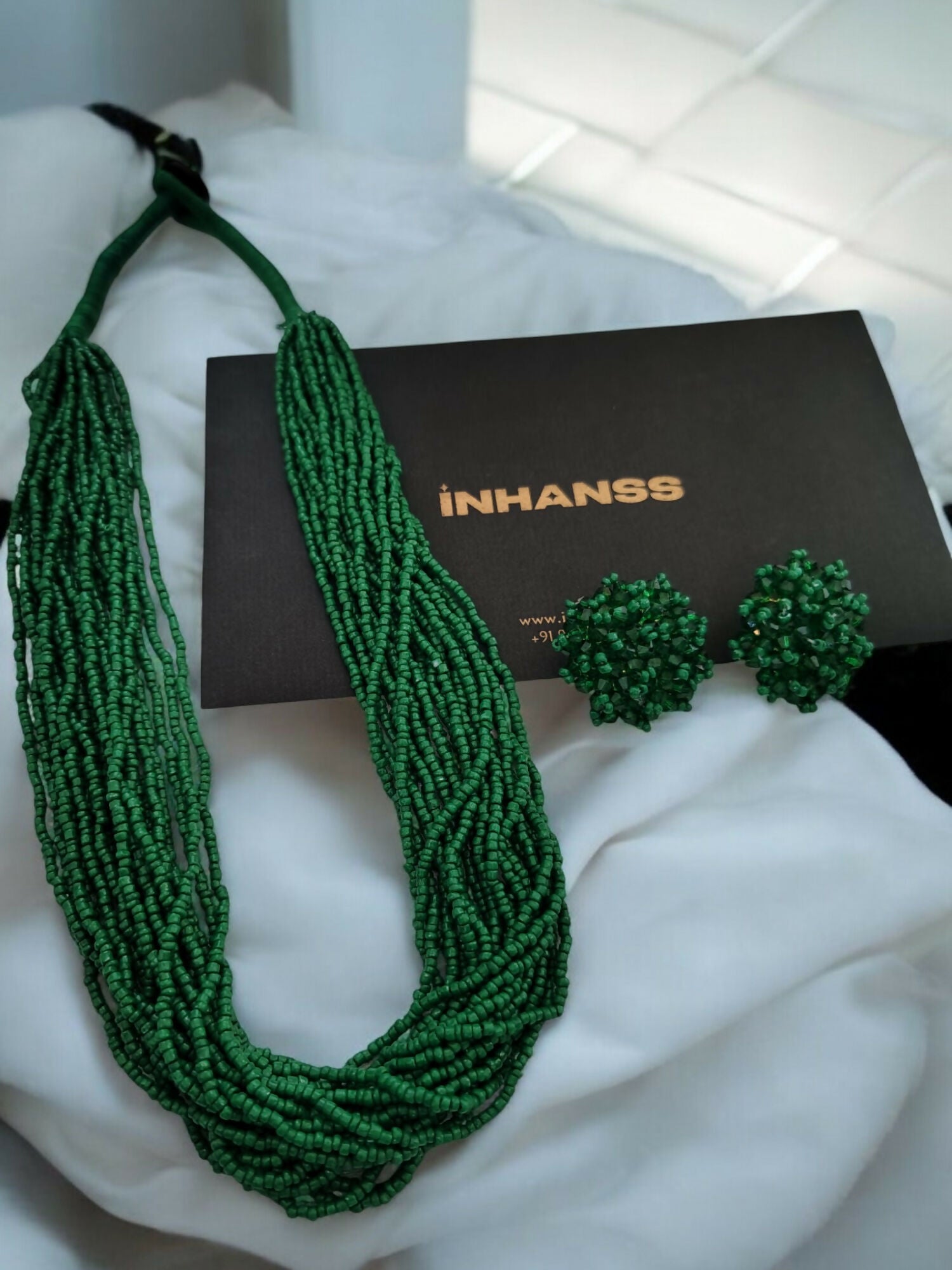 Inhanns Vibrant Handmade 20 Layers Beaded Necklace With Matching Earrings - Green - Distacart