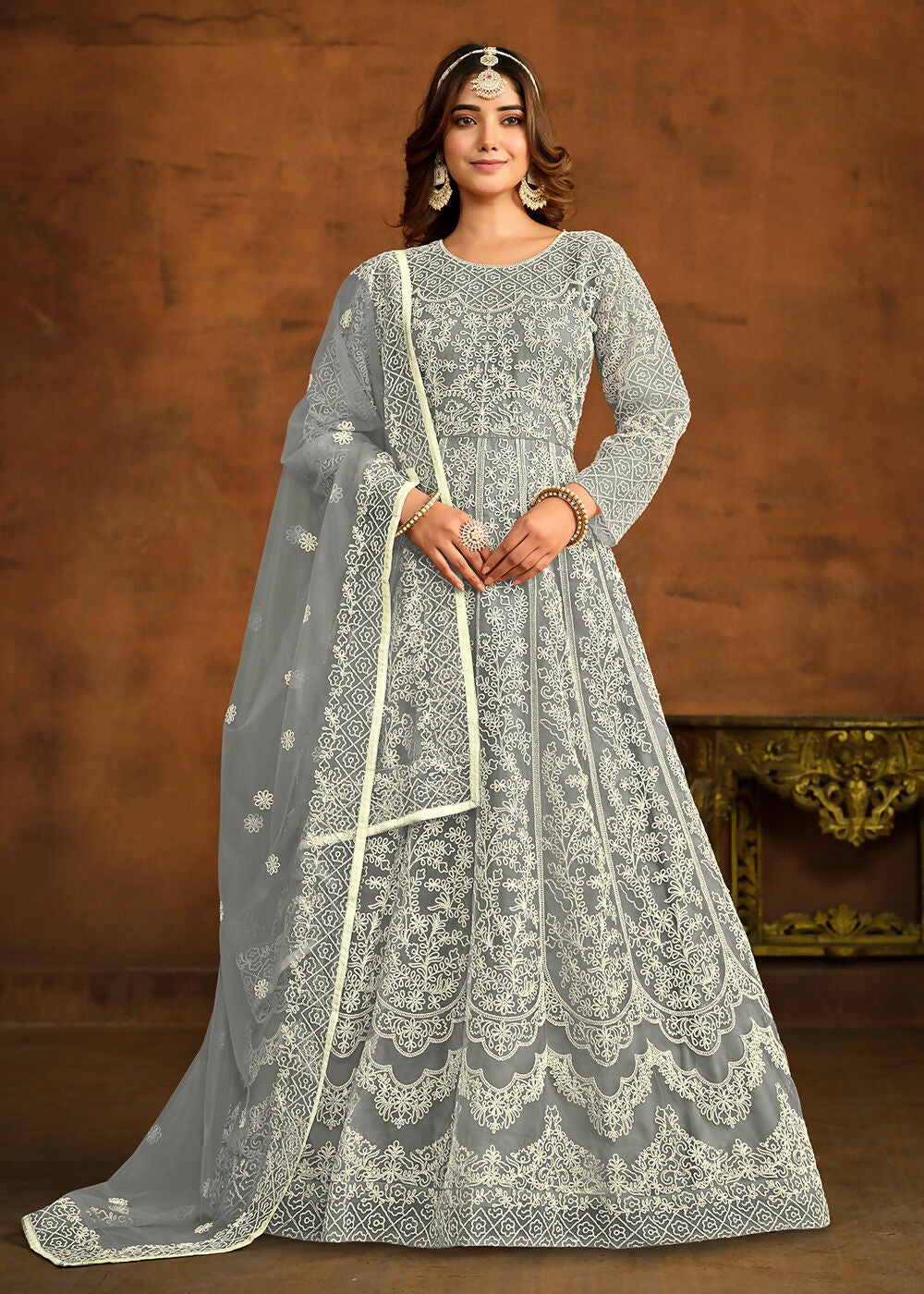 Grey All Over Embroidered Net Wedding Anarkali Suit - Emponline - Distacart