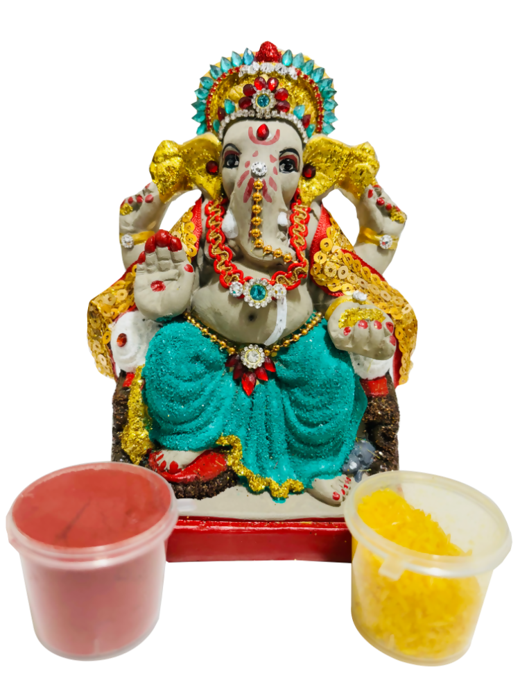 Eco-Friendly Ganesh Idol Small (Non-Toxic Colors) With Kumkum & Akshat - Limited Time Offer - Distacart