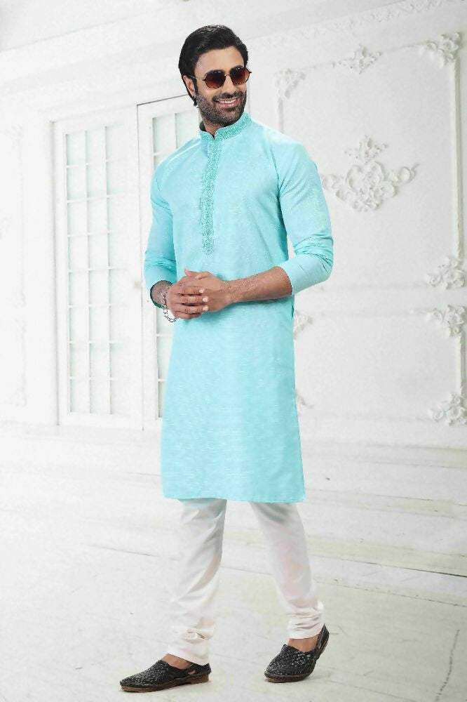Raivat Ethnic Linen Cotton Thread Work Kurta Pajama In Sky Blue Colour - Dista
