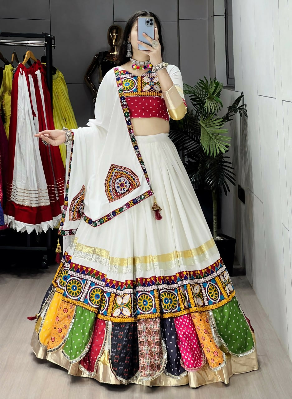 Yash Enterprise Off White Rayon Cotton Embroidery Semi Stitched Navratri Top Chaniya Choli - Dista