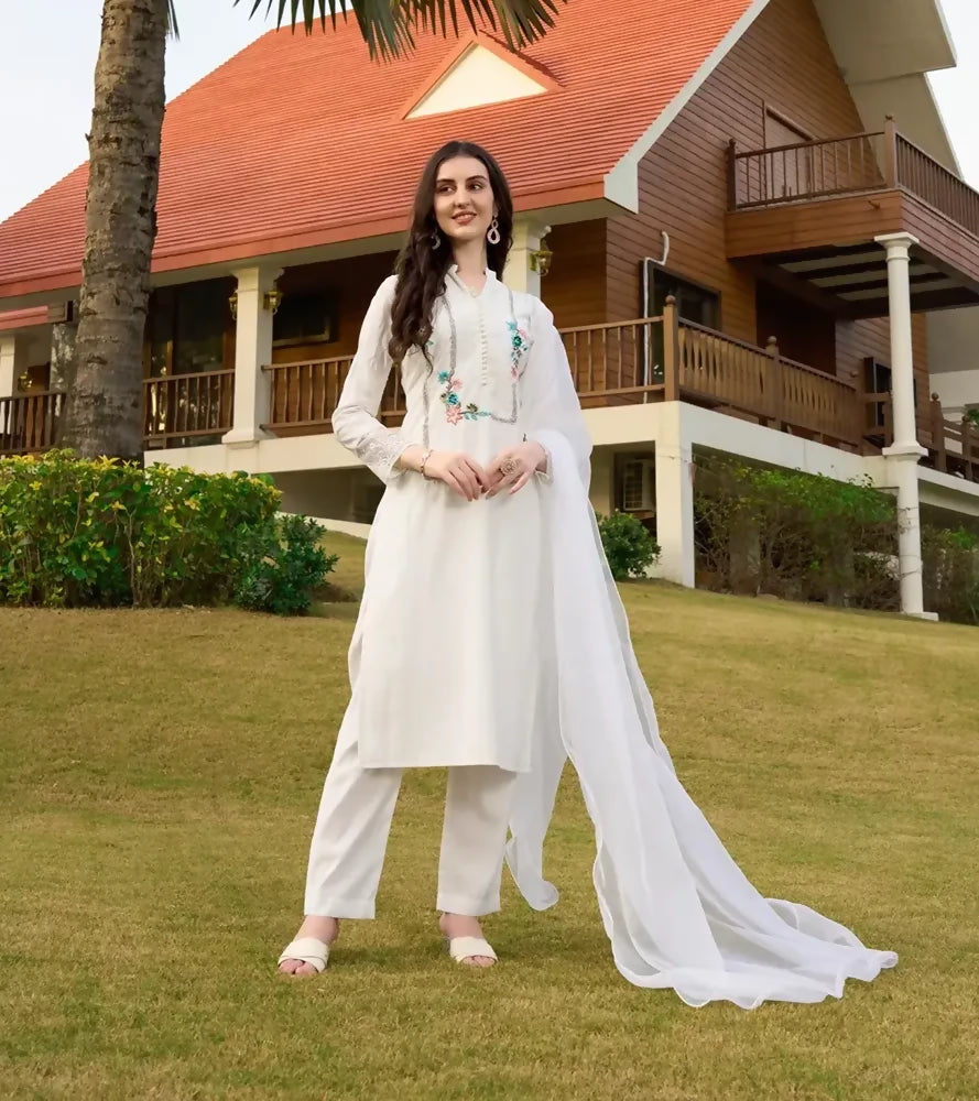 Nikhaar Off White Embroidered Art Silk Straight Cut Readymade Pakistani Suit