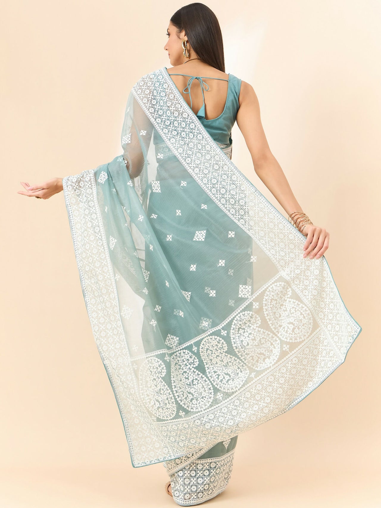 Blue Organza Geometric Embroidered Saree with Unstitched Blouse Piece - Roozal - Distacart