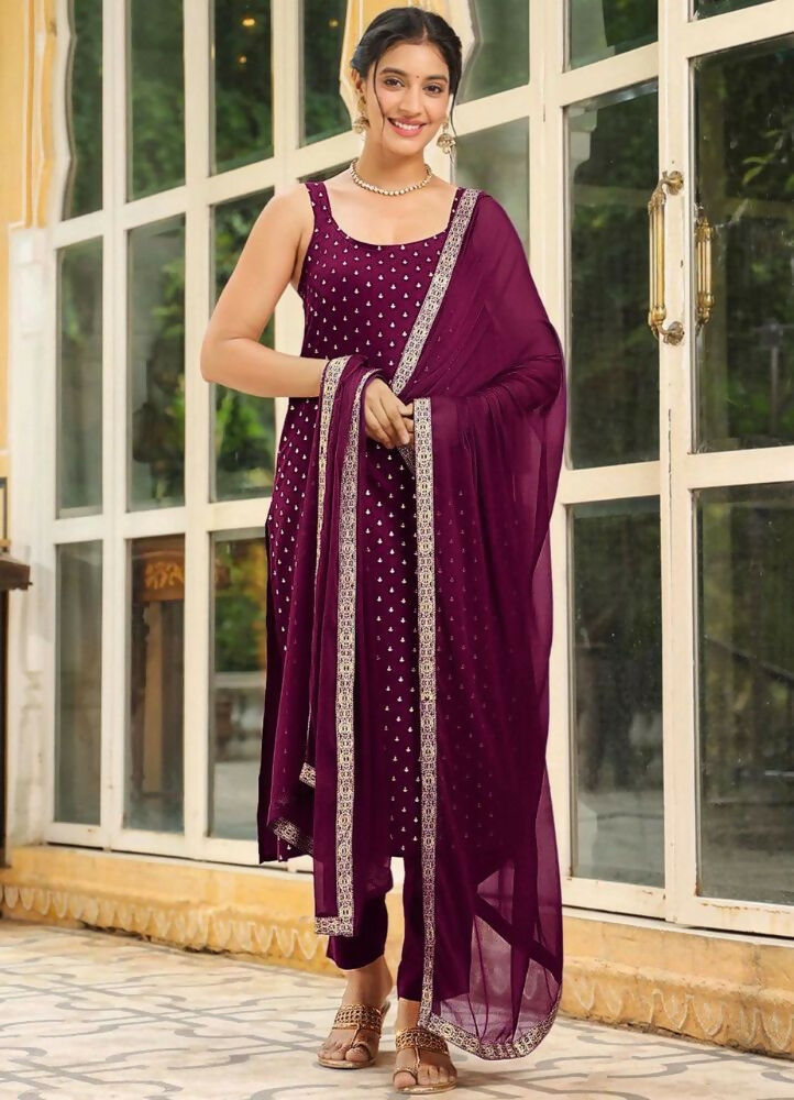 Teeya Creation Womens New Elegant Wine Embroidered Kurti with Matching Bottom Set - Dista