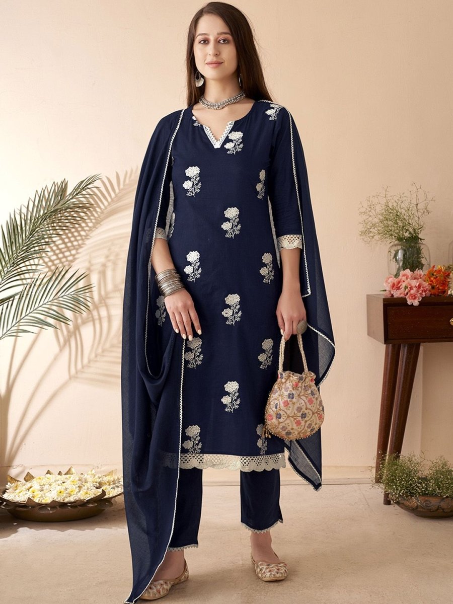 Anouk Floral Embroidered Thread Work Pure Cotton Straight Kurta With Trousers & Dupatta - Distacart