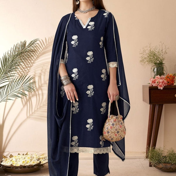 Anouk Floral Embroidered Thread Work Pure Cotton Straight Kurta With Trousers & Dupatta - Distacart