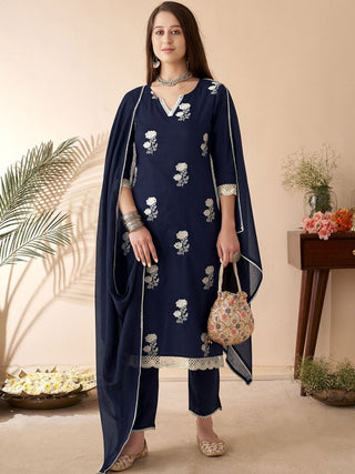 Anouk Floral Embroidered Thread Work Pure Cotton Straight Kurta With Trousers & Dupatta