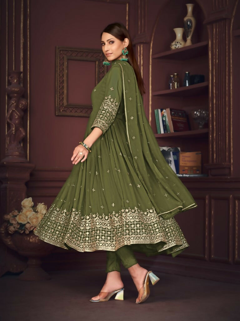 Jyoti Fashion Women's Olive Green Georgette Embroidered Anarkali Kurta Pant Set With Dupatta - Distacart