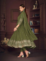 Thumbnail for Jyoti Fashion Women's Olive Green Georgette Embroidered Anarkali Kurta Pant Set With Dupatta - Distacart