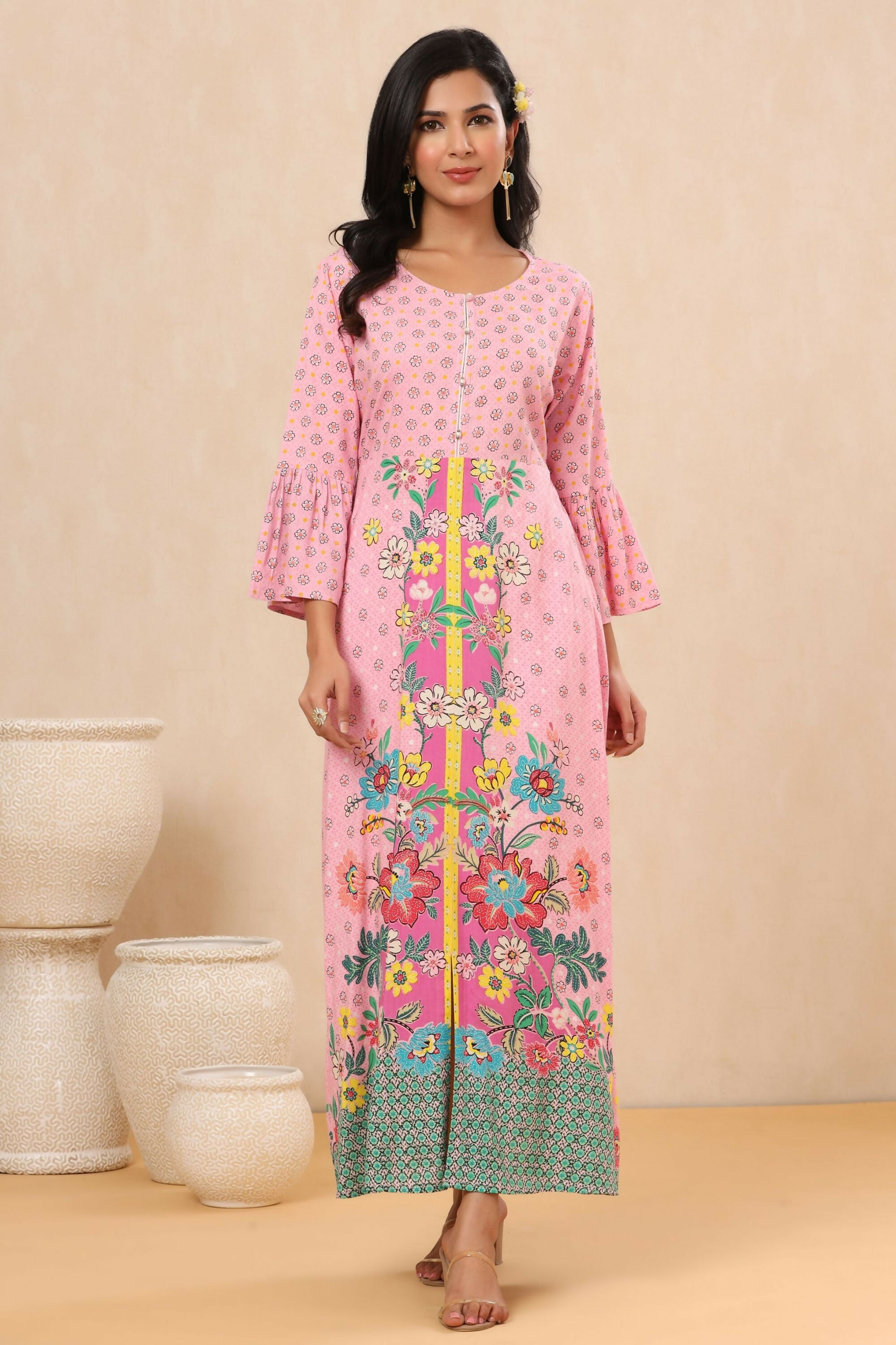 Juniper Pink Floral Printed Rayon Kurta With Buttons Closure At Back - Distacart