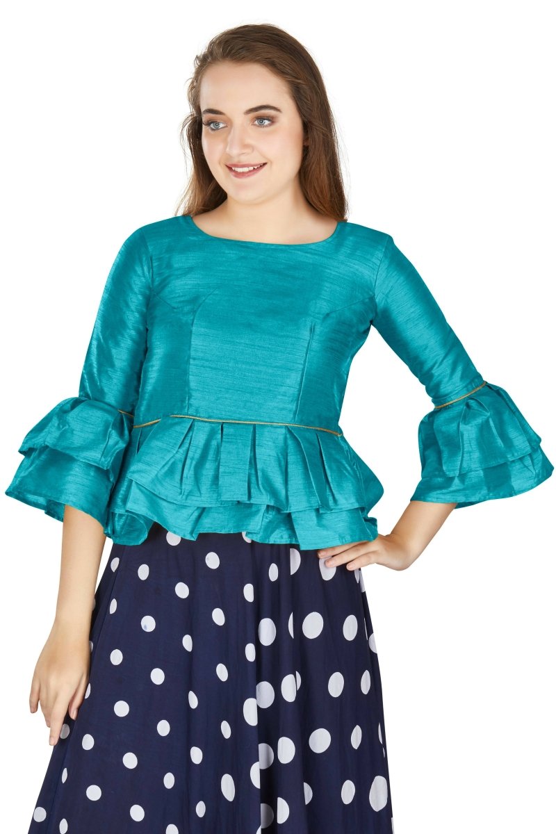 Aastha Fashion Women's Firozi Art Silk Bell Sleeves attire with Poly Cotton Lining Blouse - Distacart