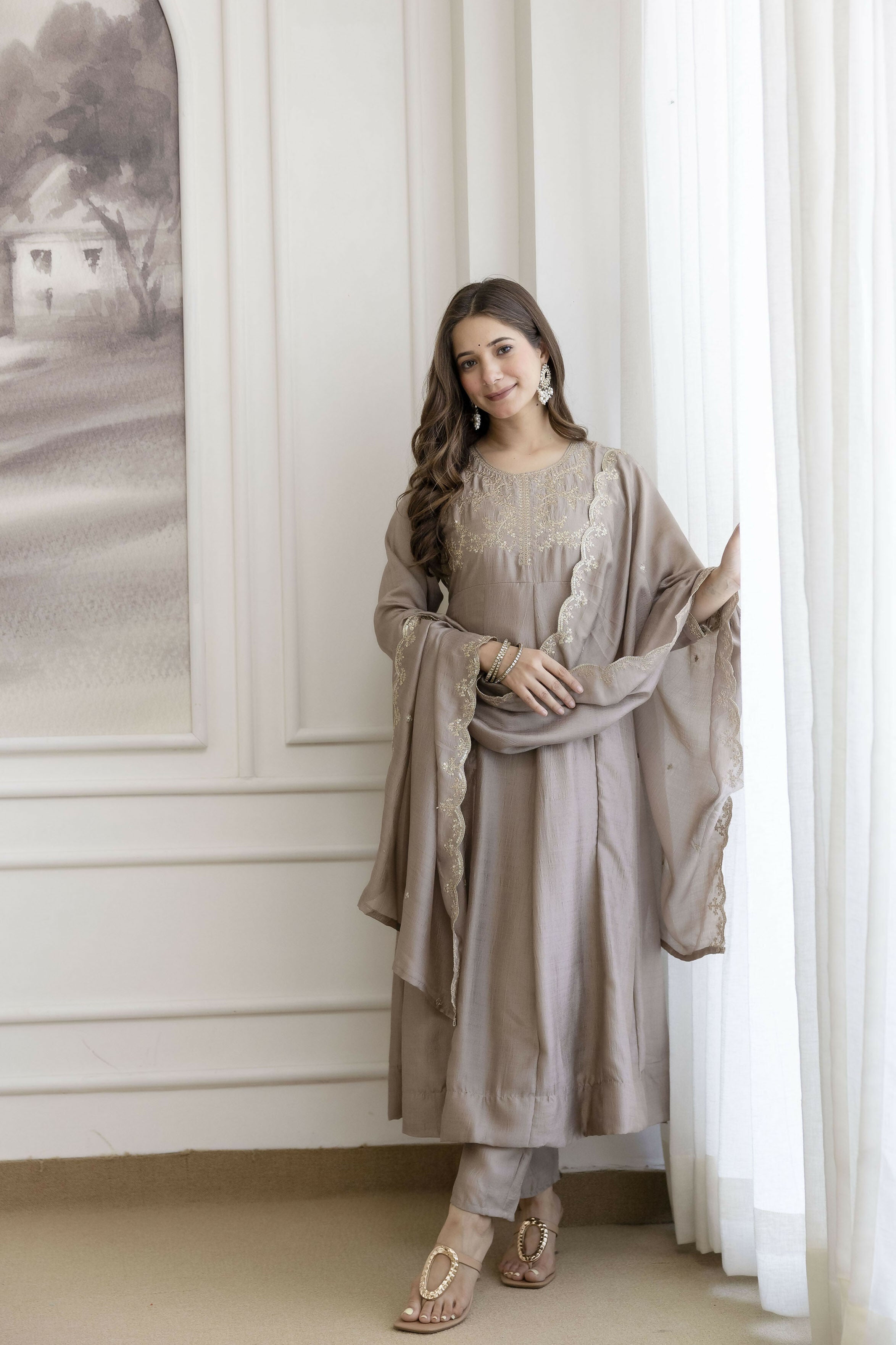 The52 Chiku Women's Beautiful Vichitra Silk Fabric Embroidered Work Flared Anarkali Pant and Dupatta Set