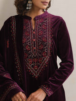 Thumbnail for trueBrowns Purple Velvet Floral Embroidered Kurta Pant Dupatta Set
