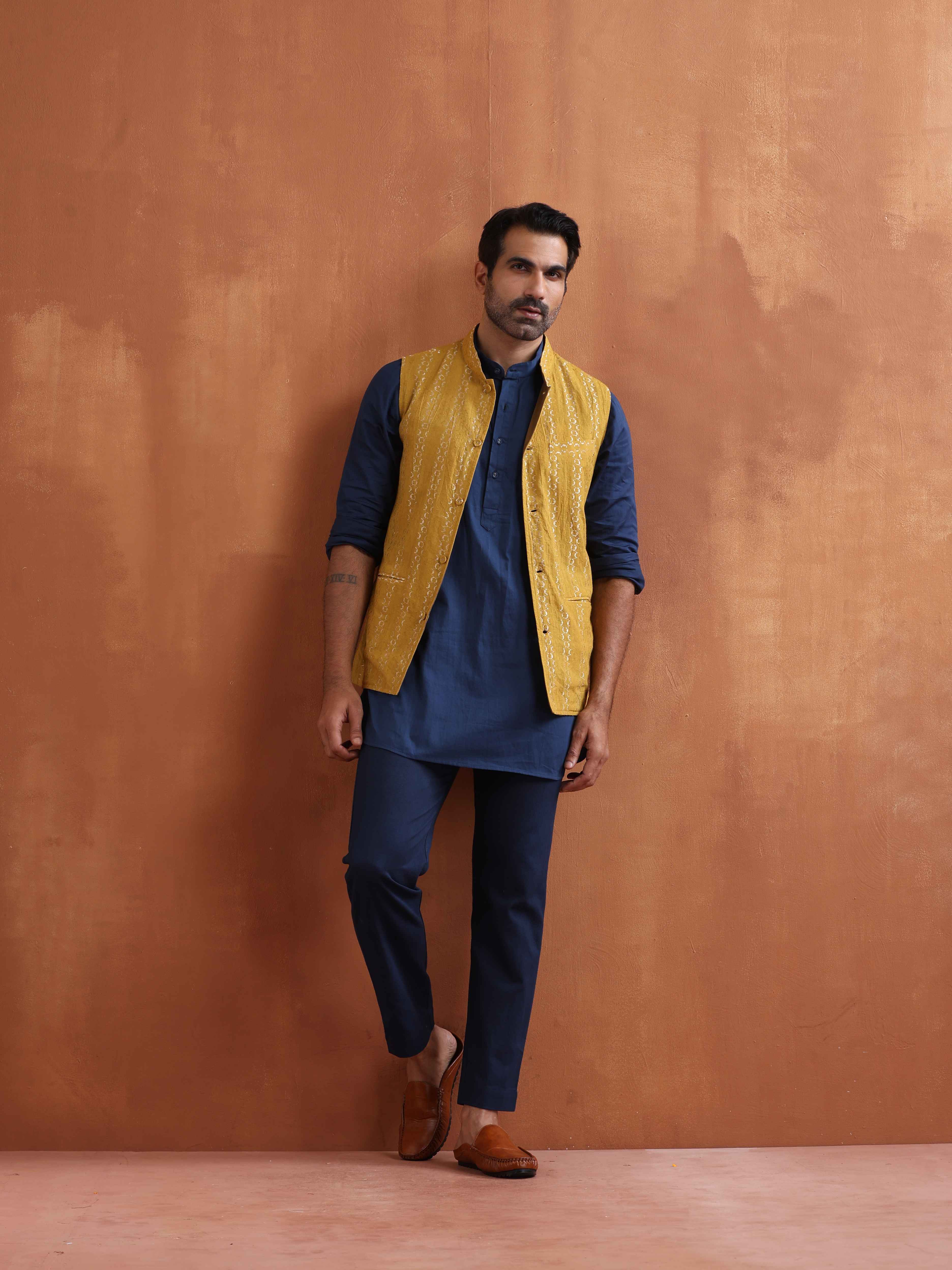 trueBrowns Men's Mustard Cotton Dobby Reversible Nehru Jacket