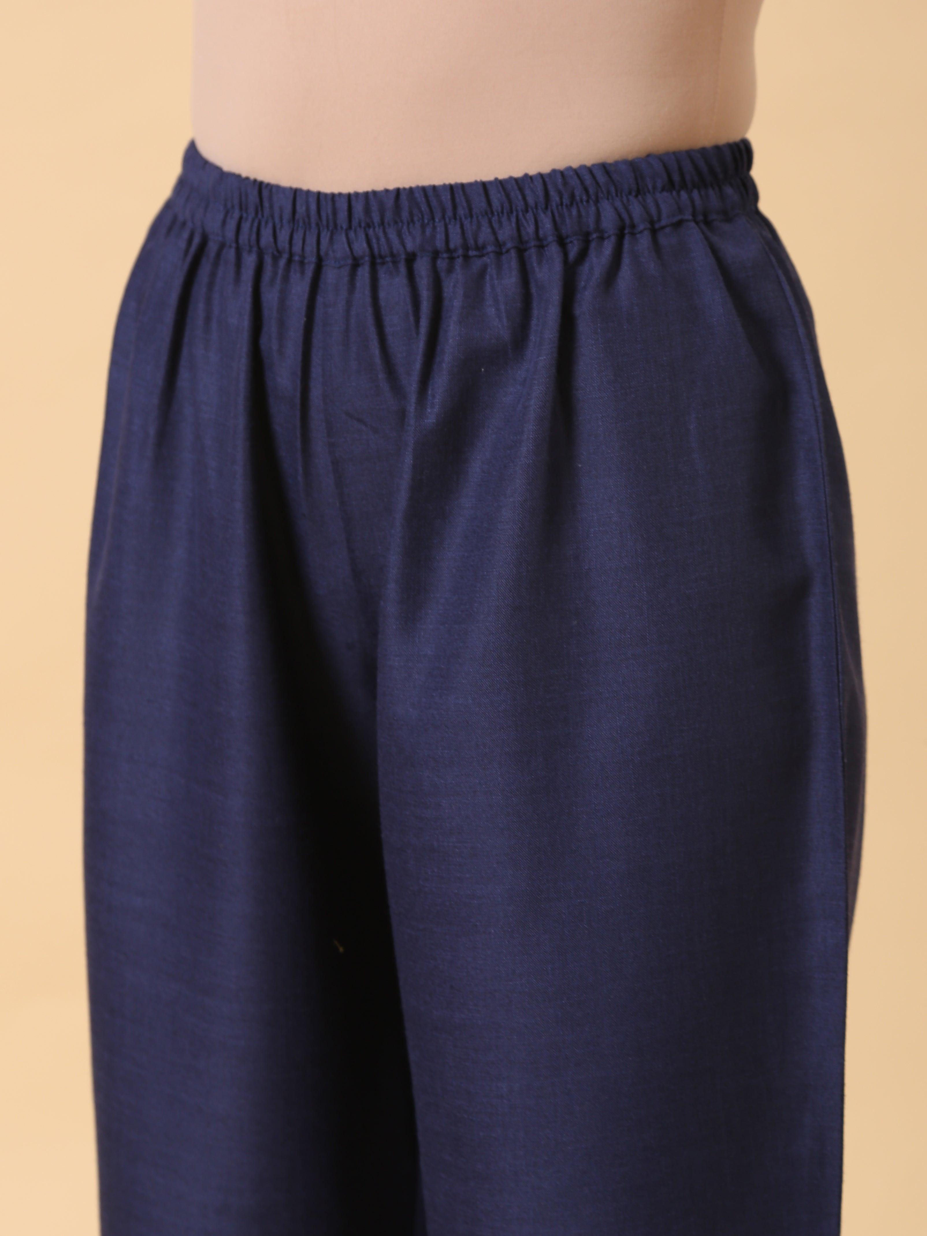 trueBrowns Cotton Linen Dark Blue Kurta Pant Set - Distacart