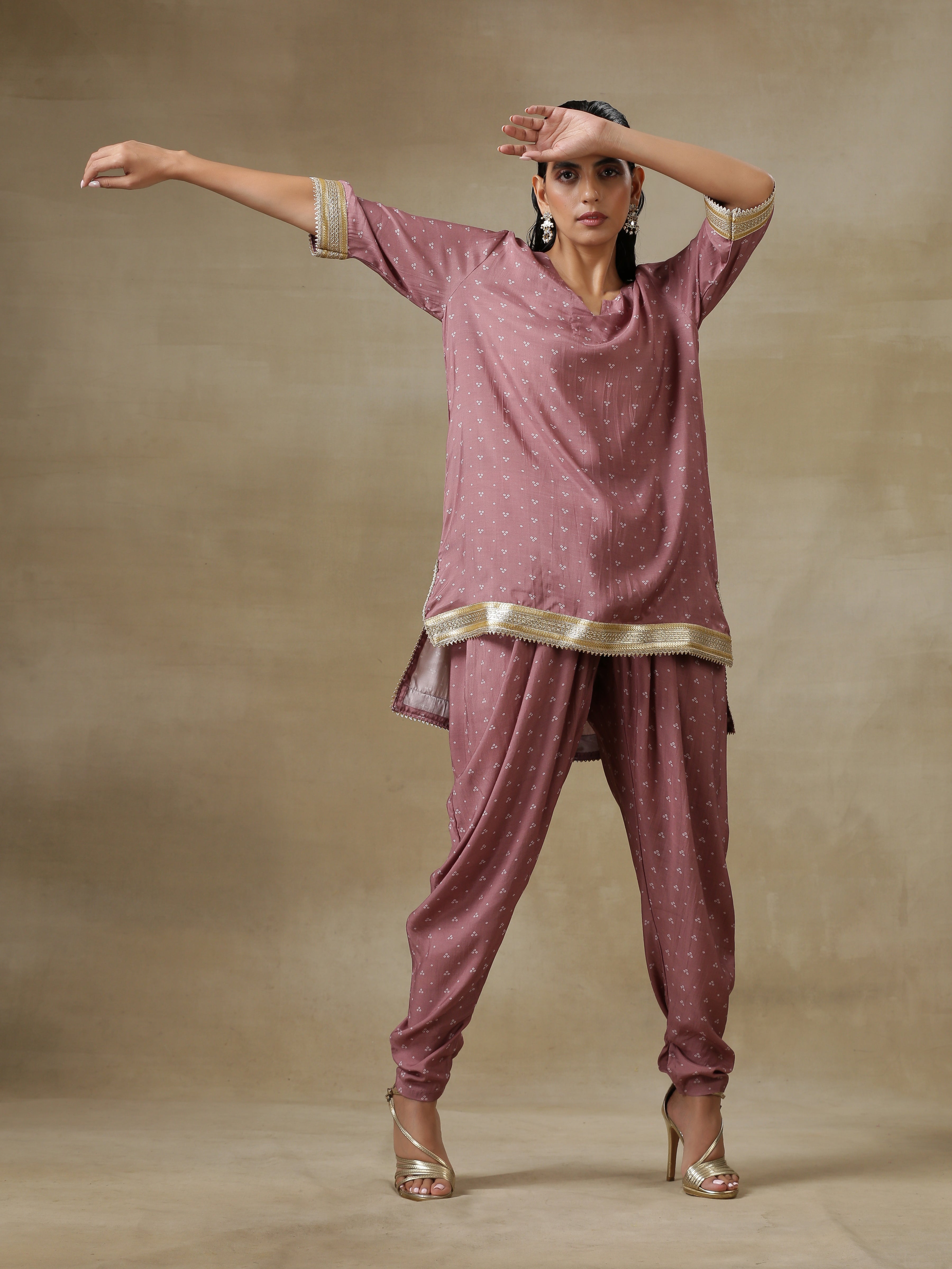 trueBrowns Dark Mauve Bandhani Printed Silk Loose Kurta Dhoti Pant Set - Distacart