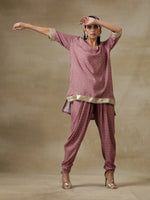 Thumbnail for trueBrowns Dark Mauve Bandhani Printed Silk Loose Kurta Dhoti Pant Set - Distacart